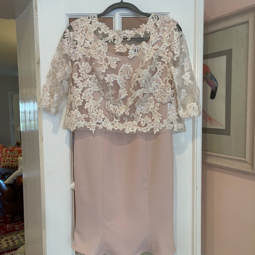 John Charles Blush Sleeveless crepe dress with sequin jacket